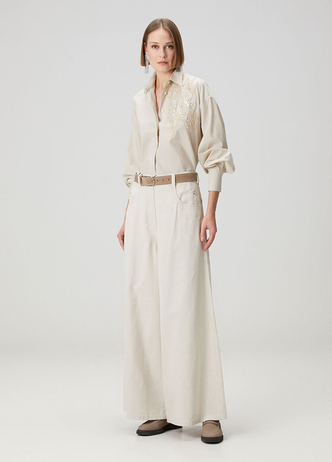 Brunello Cucinelli Ekru Wide Leg Jean Pantolon