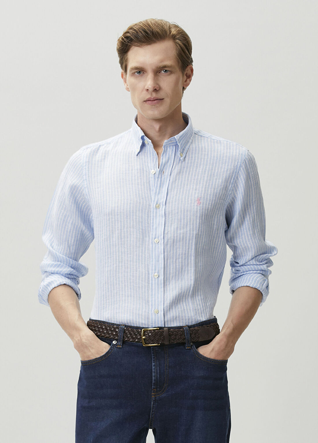Polo Ralph Lauren Mavi Çizgi Desenli Keten Gömlek