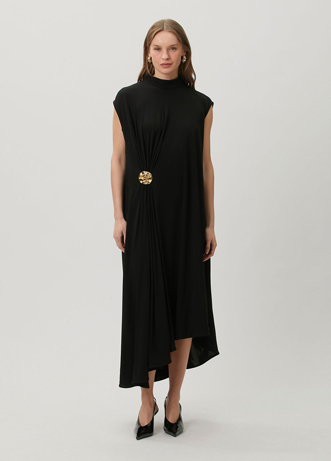 Bottega Veneta Siyah Drapeli Midi Elbise