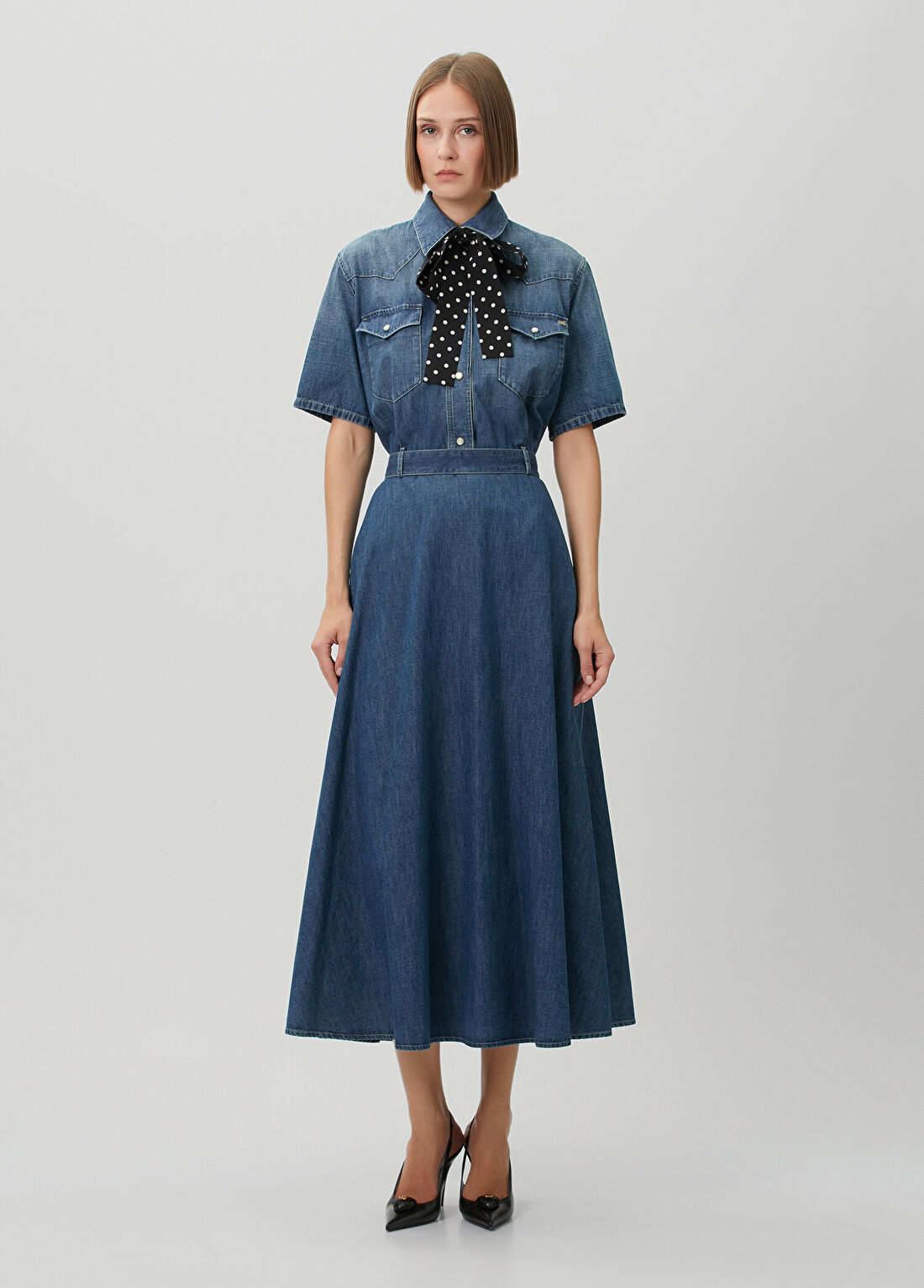 Valentino Mavi Puantiyeli Midi Denim Elbise