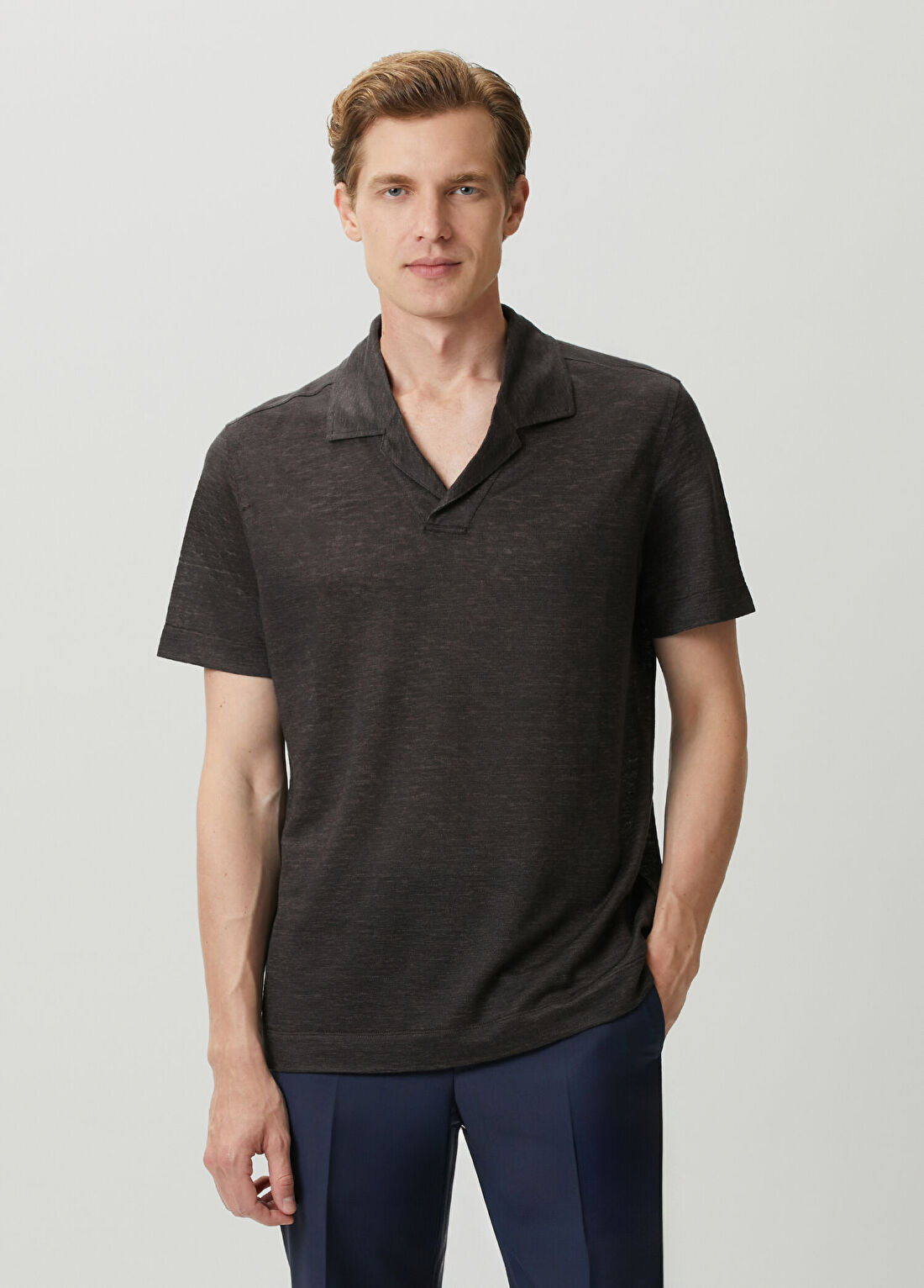 Zegna Kahverengi Polo Yaka Keten T-shirt