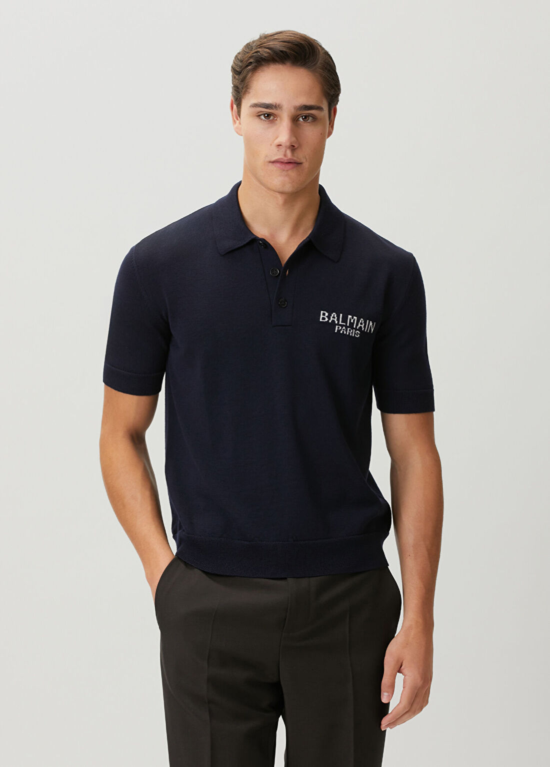 Balmain Lacivert Polo Yaka Kısa Kollu Yün Triko