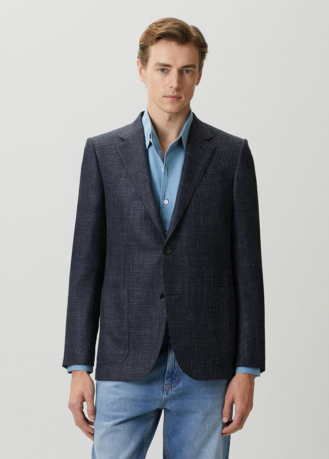 Zegna Lacivert Ekose Desenli Yün Formal Ceket