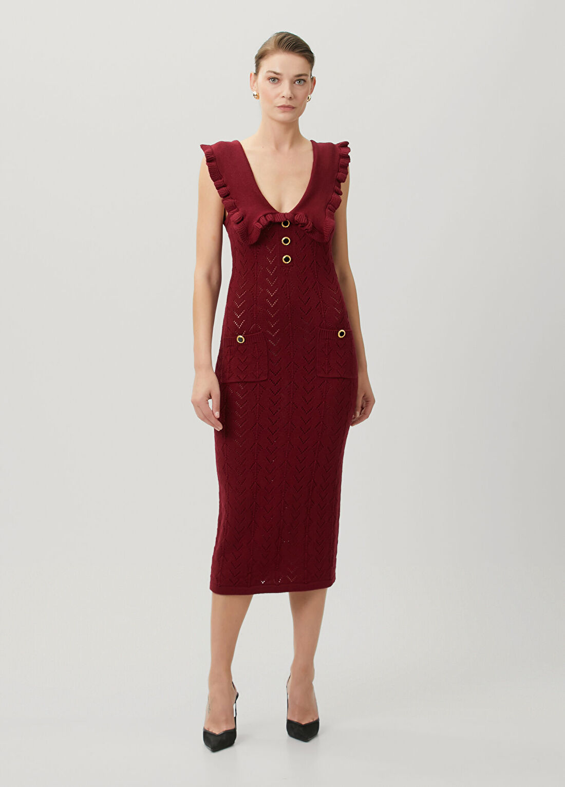 Alessandra Rich Bordo Midi Yün Triko Elbise