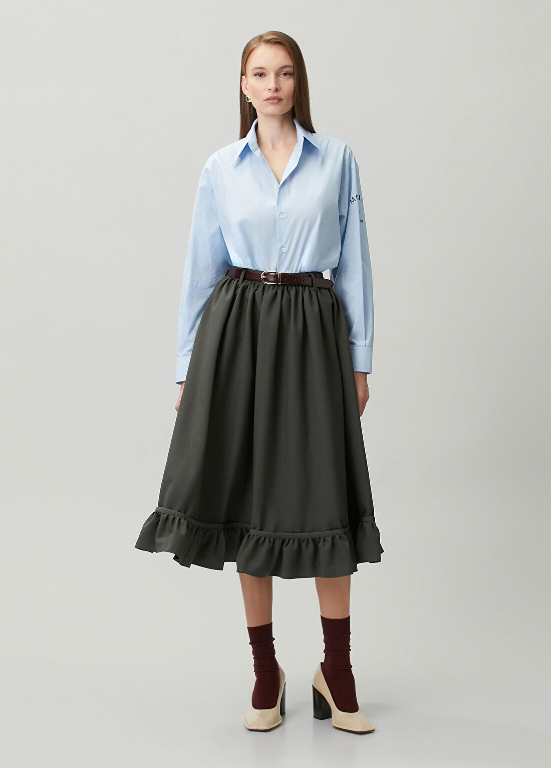MM6 Maison Margiela Koyu Gri Volanlı Midi Etek