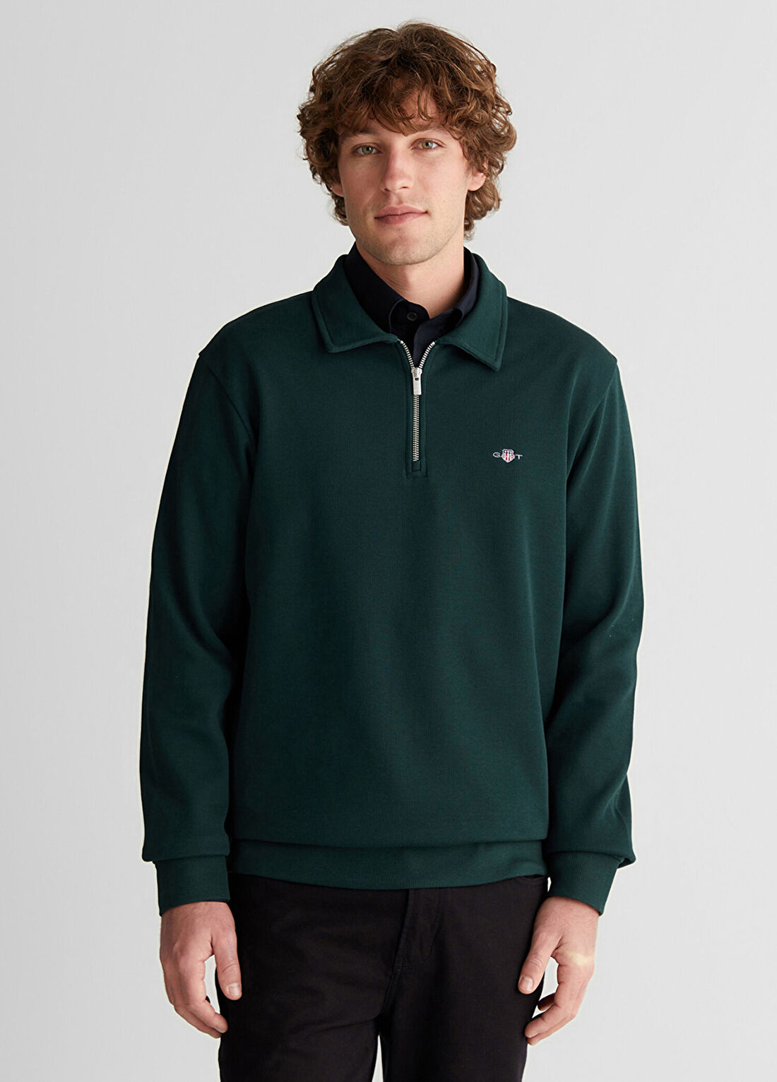 Gant Logolu Yeşil Yarım Fermuarlı Regular Fit Erkek Sweatshirt