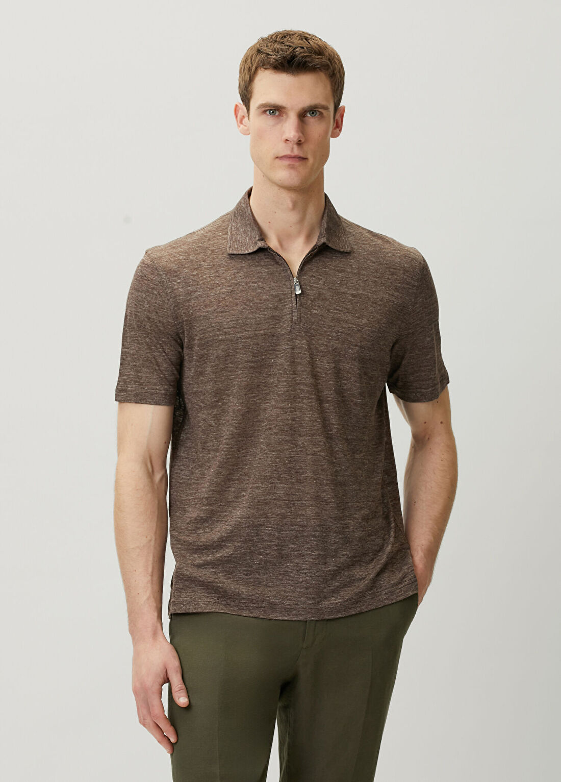 Fedeli Kahverengi Polo Yaka Keten T-shirt