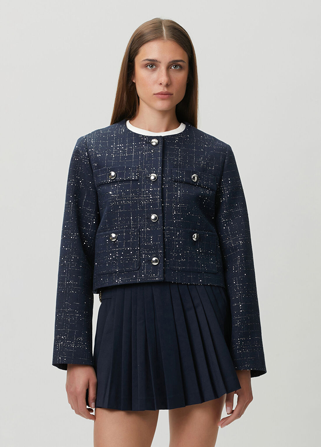 Maje Voguel Lacivert Payetli Tweed Ceket