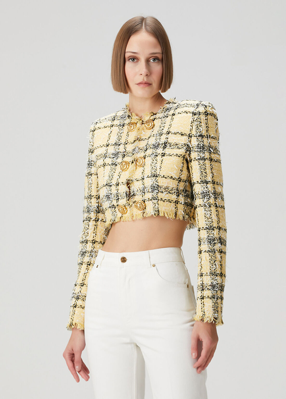 Balmain Sarı Ekoseli Crop Tweed Ceket