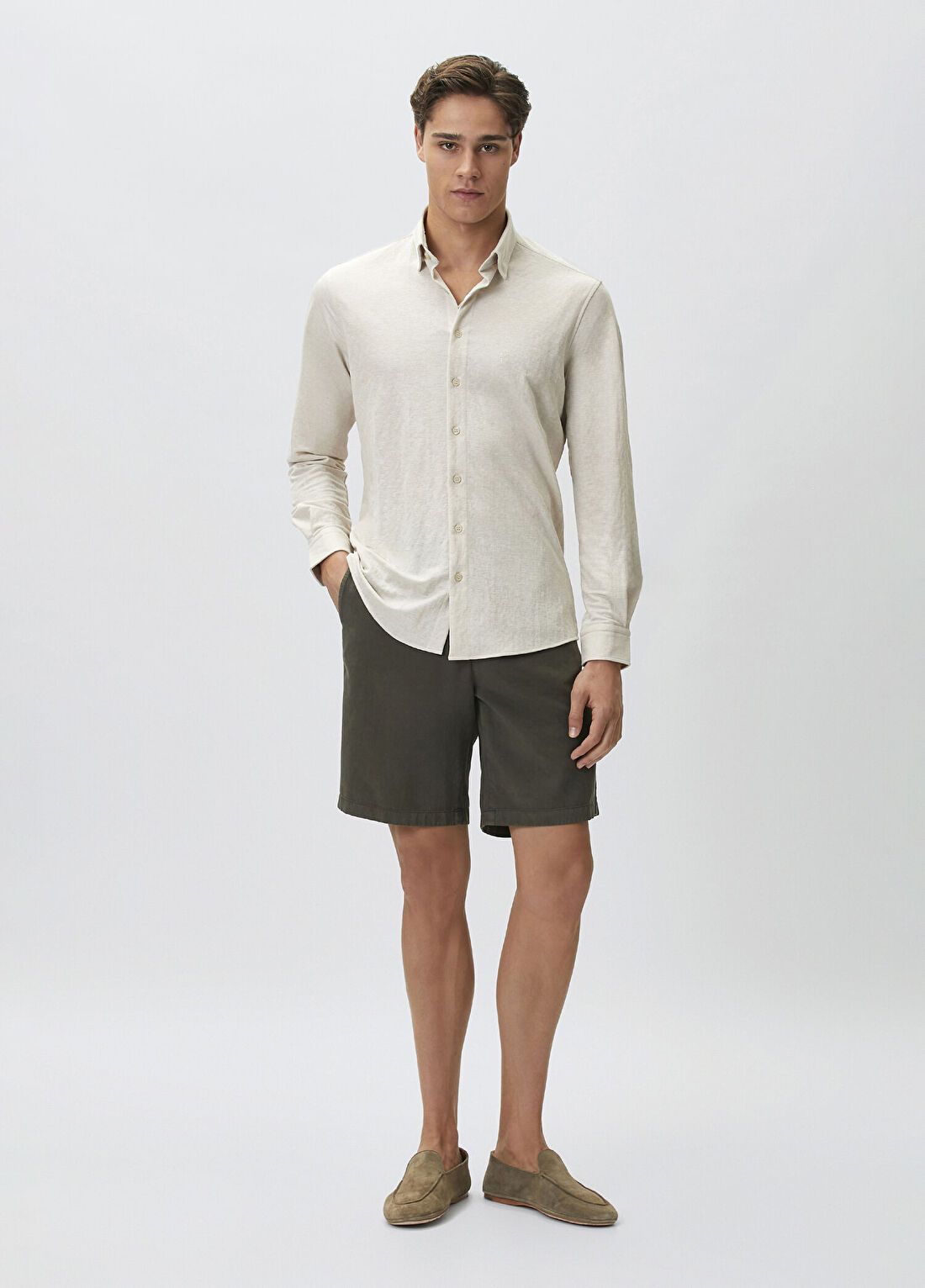 Network Slim Fit Bej Uzun Kol Örme Gömlek görsel 3