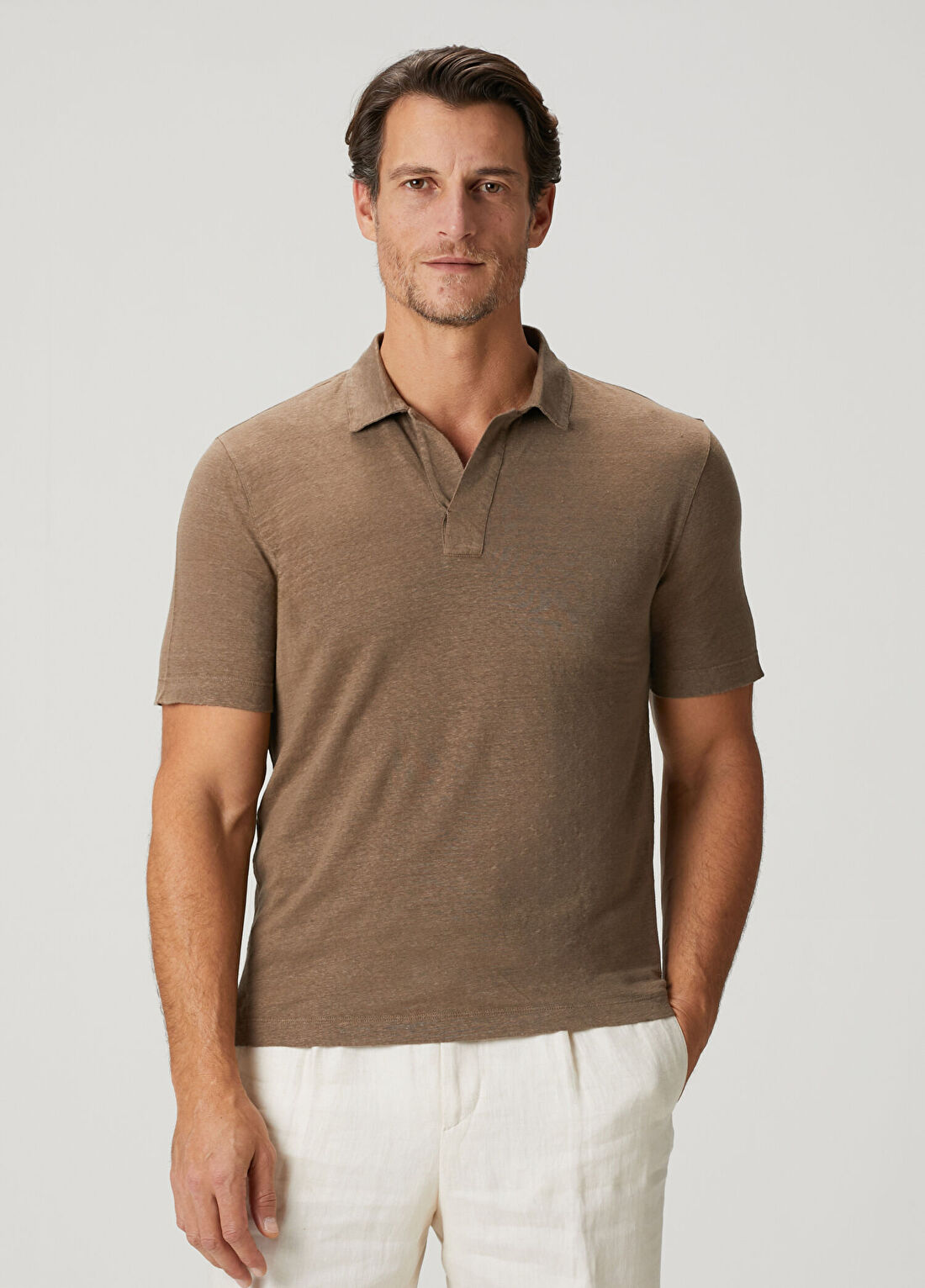 Canali Kahverengi Polo Yaka Keten T-shirt görsel 3