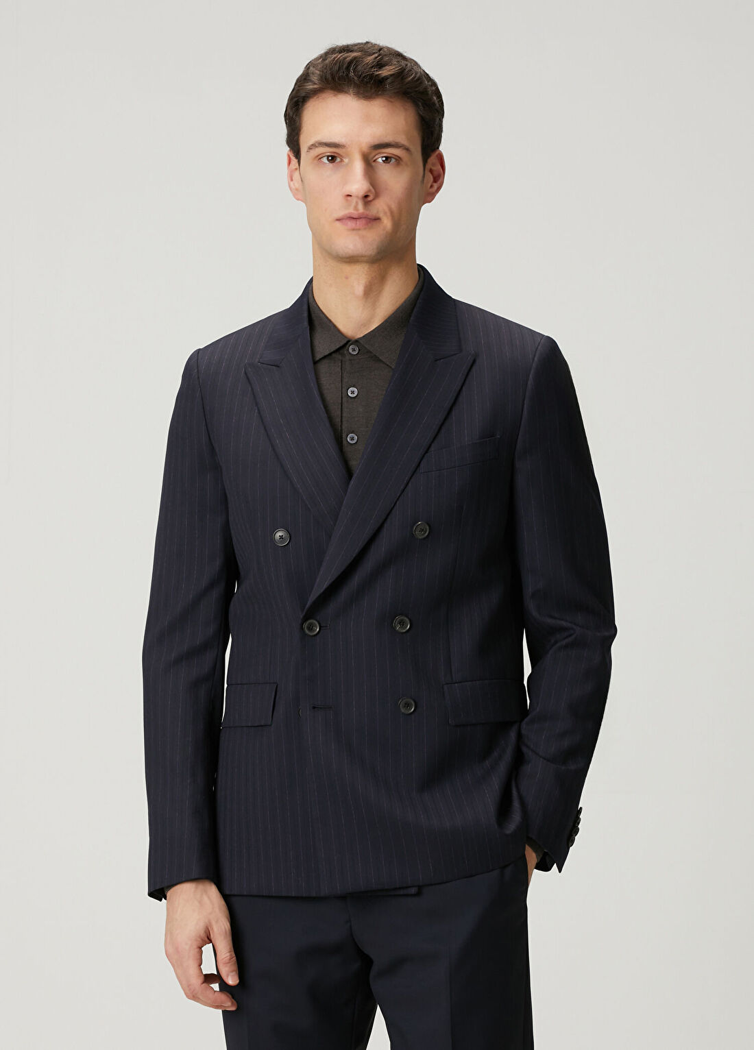Paul Smith Lacivert Çizgi Desenli Yün Kruvaze Ceket