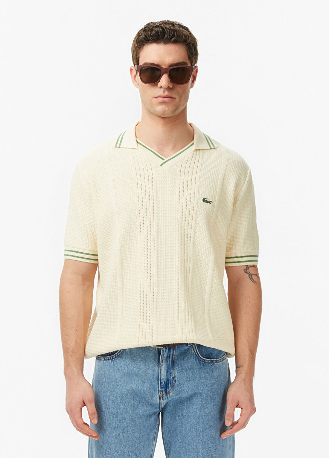 Lacoste Bej Polo Yaka Classic Fit Kısa Kollu Erkek Triko Kazak