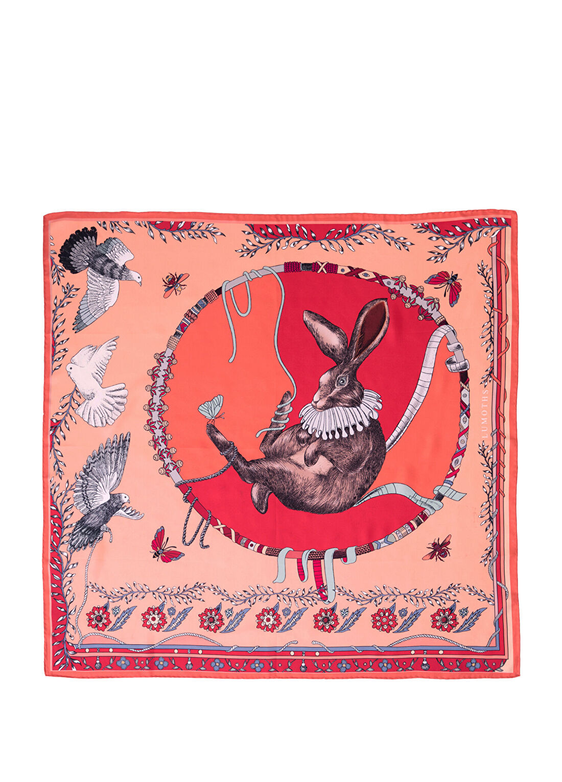 Lumoths Healer Time Tavşan ve Güvercinler Toz Pembe İpek Twill Kadın Fular 135 cm
