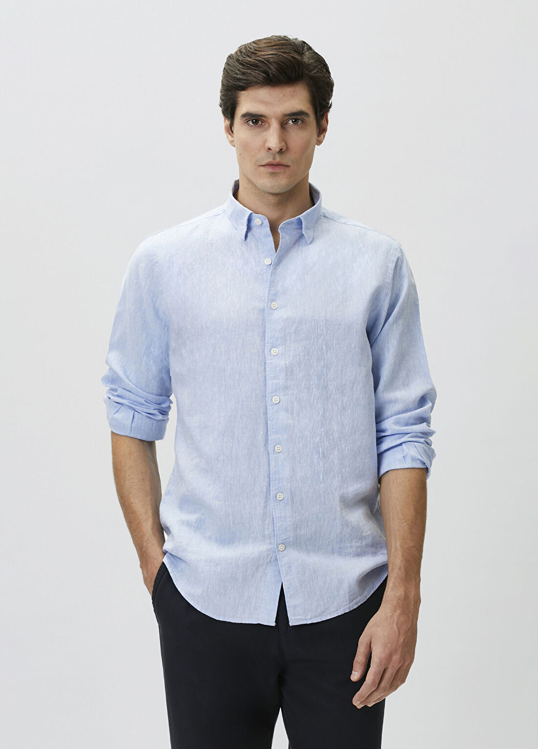 Network Slim Fit Açık Mavi Keten Gömlek görsel 2
