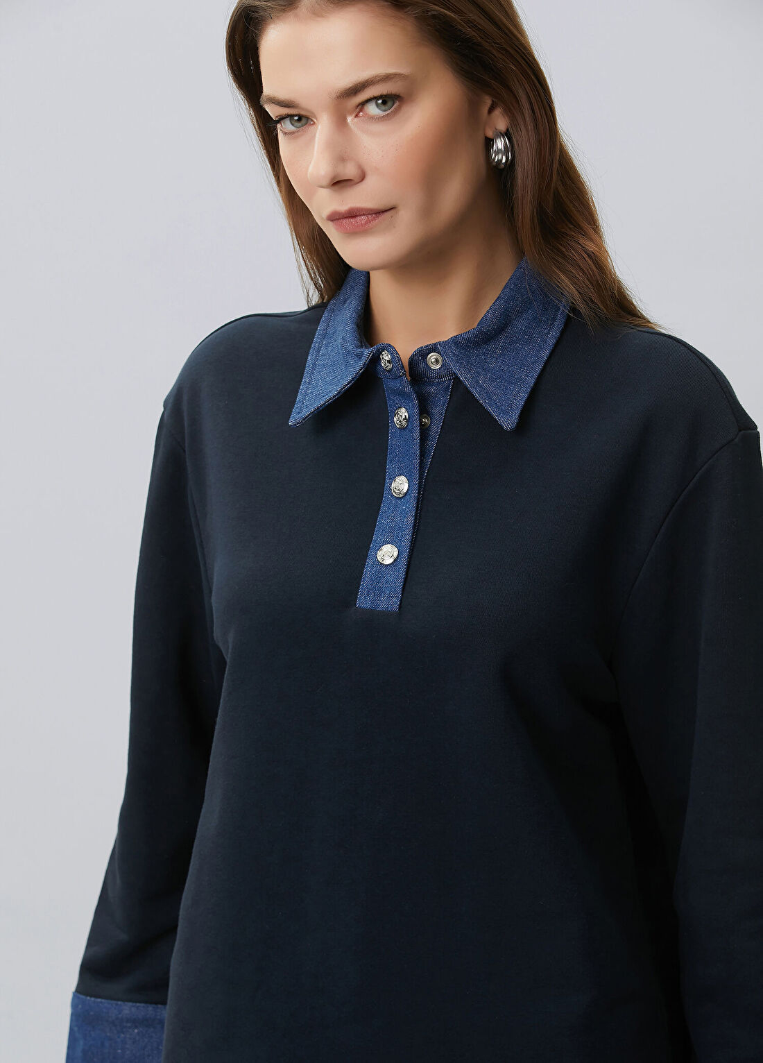 Beymen Collection Lacivert Denim Garnili Polo Sweatshirt görsel 2