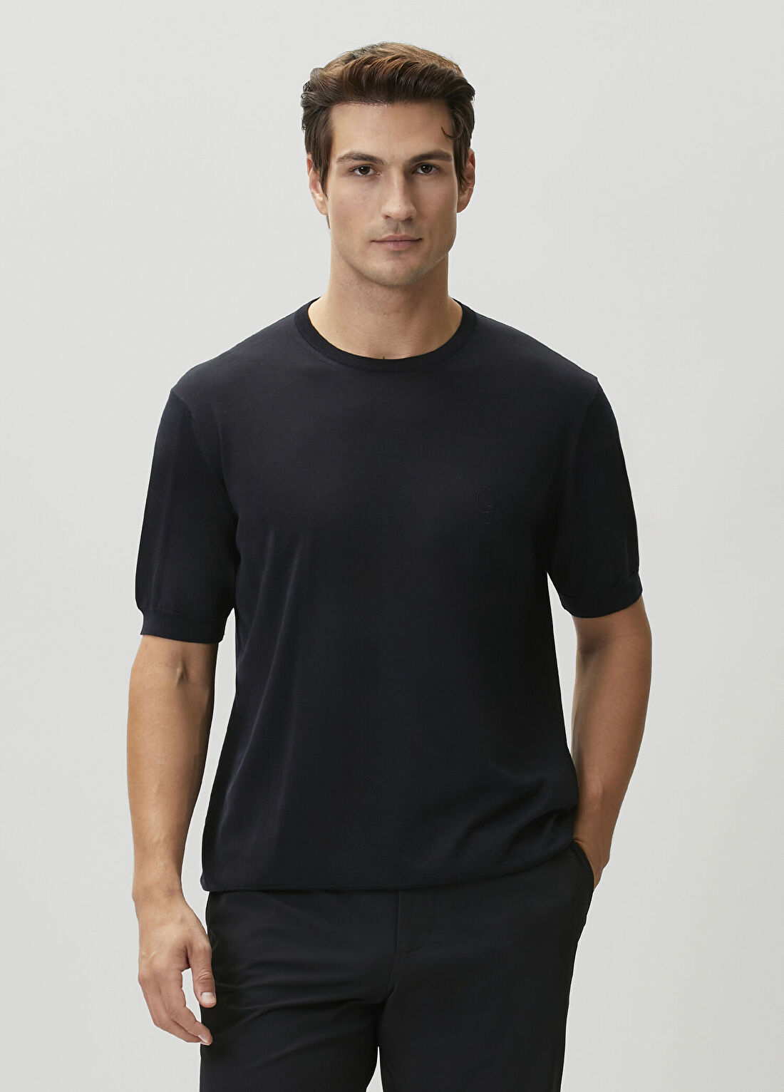 Giorgio Armani Lacivert Logo Nakışlı İpek T-shirt