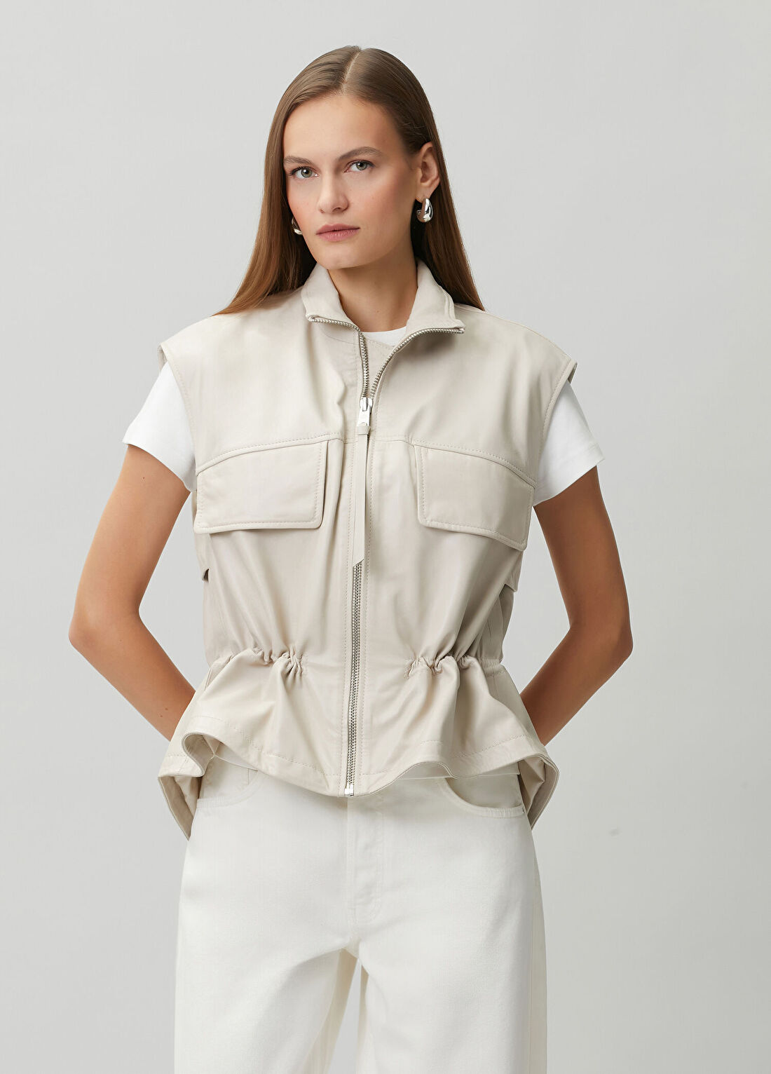 AllSaints Flor Relaxed Fit Kırık Beyaz Deri Yelek