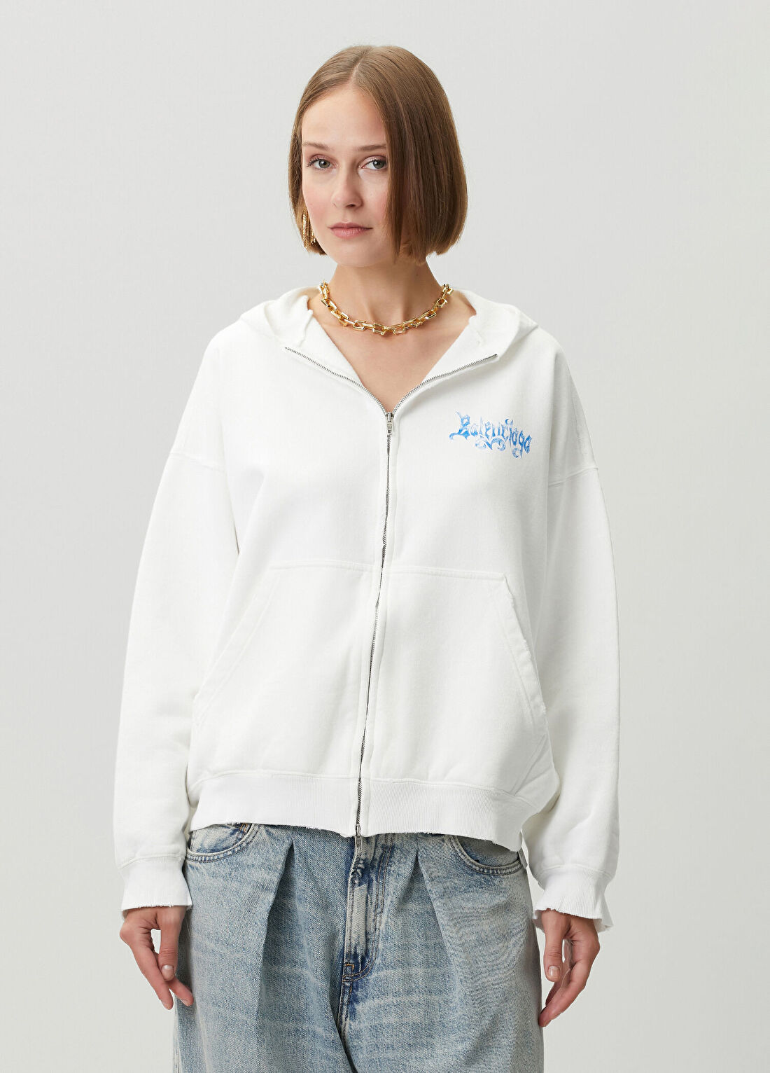 Balenciaga Beyaz Kapüşonlu Logo Baskılı Sweatshirt
