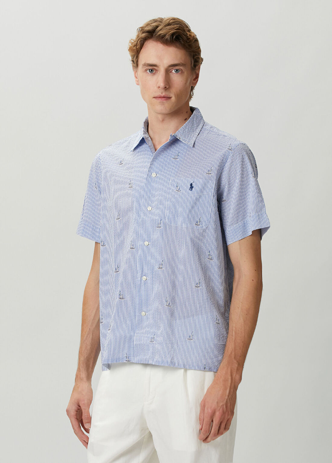 Polo Ralph Lauren Mavi Beyaz Çizgi Desenli Kısa Kollu Gömlek görsel 3