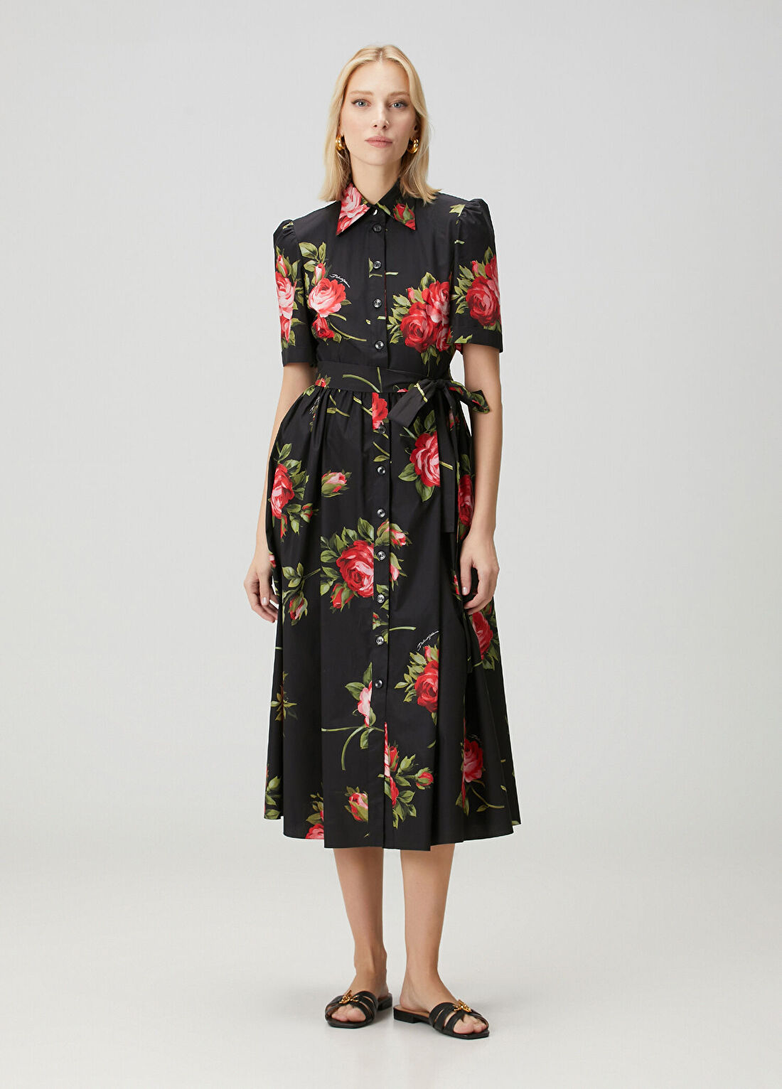 Dolce&Gabbana Siyah Çiçekli Midi Poplin Gömlek Elbise görsel 3