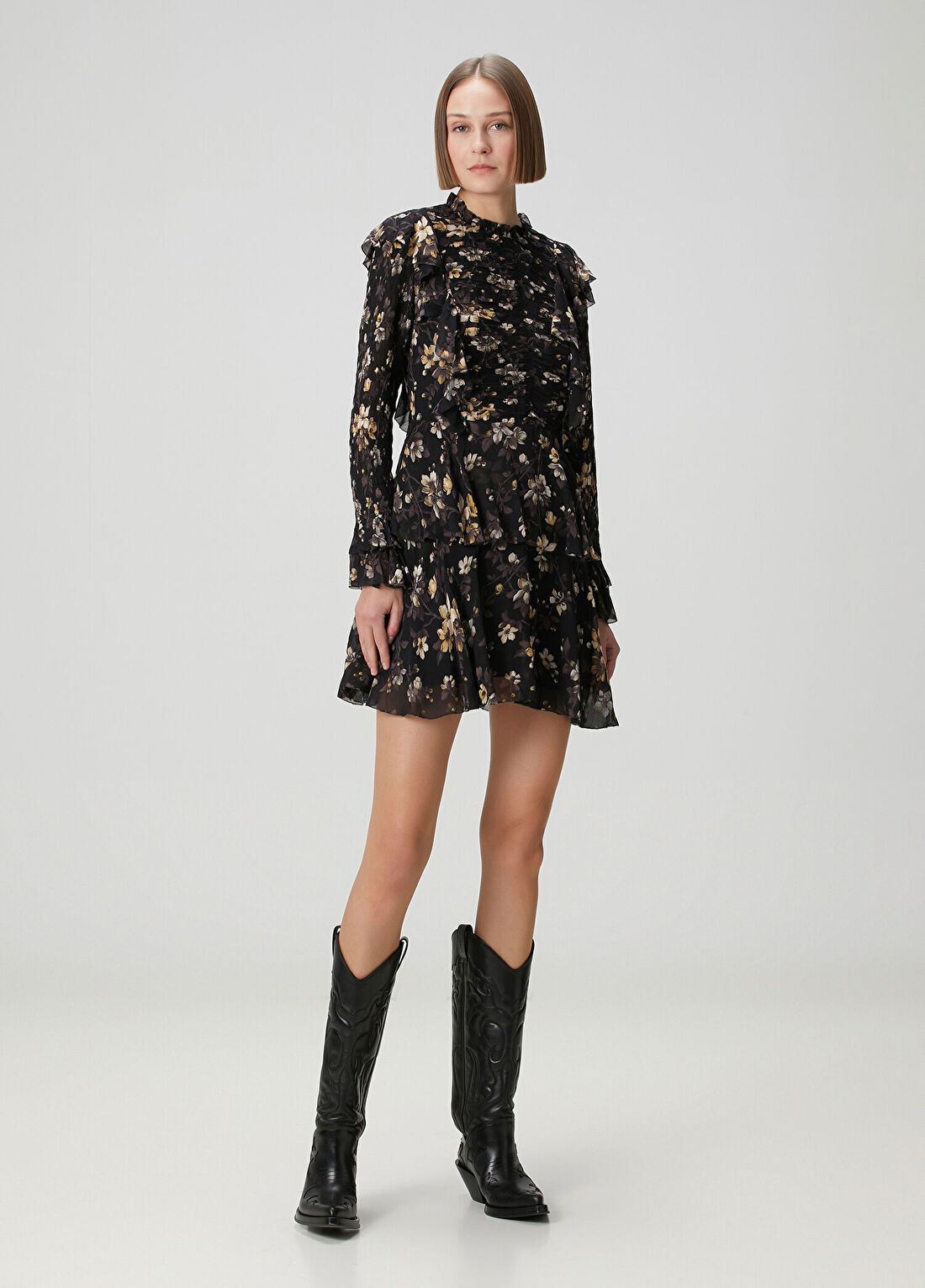 AllSaints Portia Siyah Çiçekli Mini Elbise