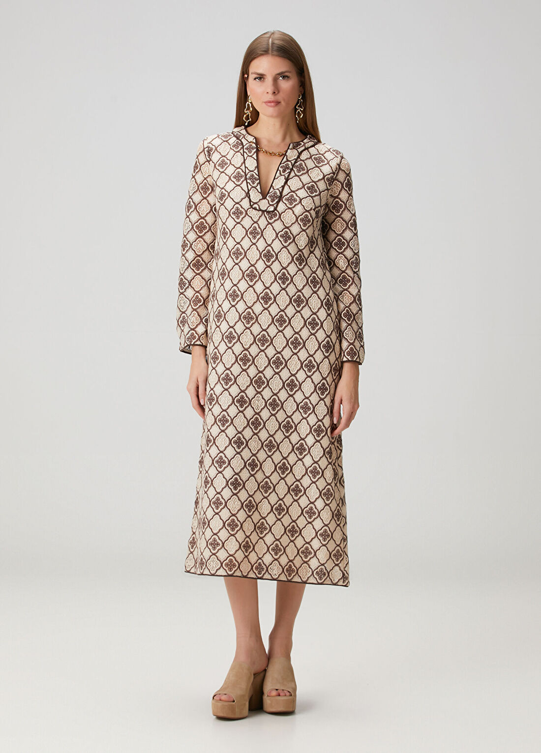 Zimmermann Kahve Krem Midi Elbise