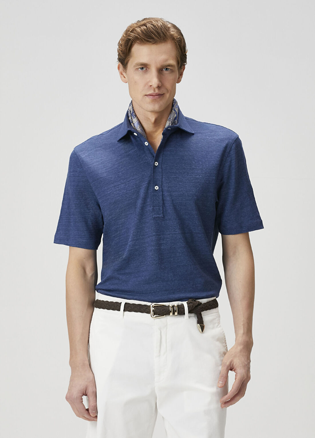 Brunello Cucinelli Mavi Polo Yaka Keten T-shirt