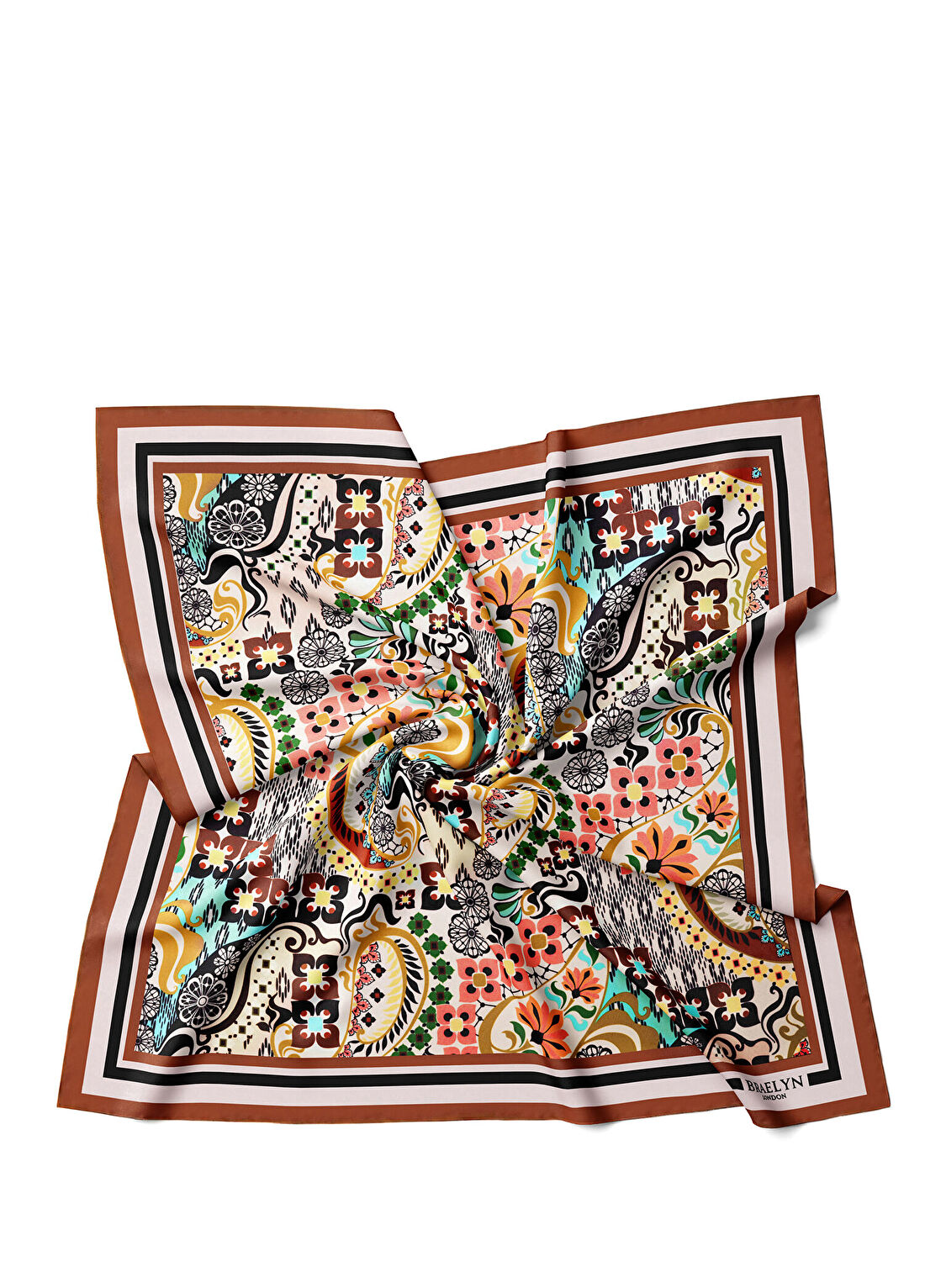 Braelyn London Bohemian Mosaic Turkuaz Sarı Twill İpek Kadın Eşarp görsel 2