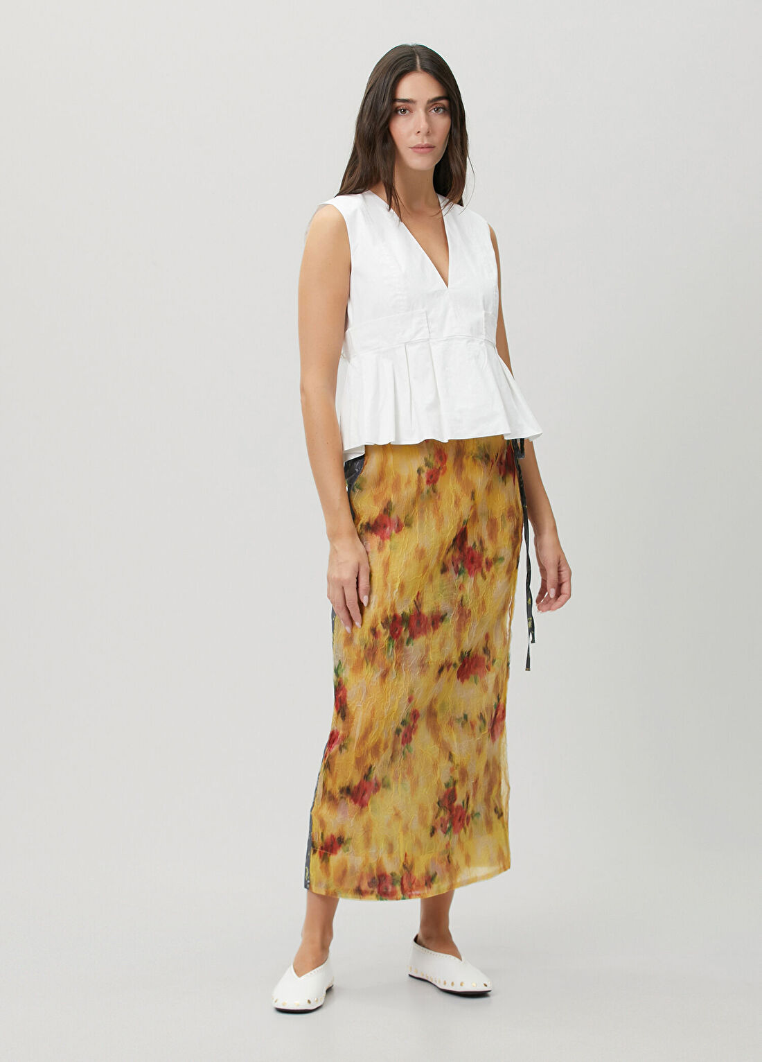 Ganni Sarı Mavi Patchwork Çiçekli Midi Etek
