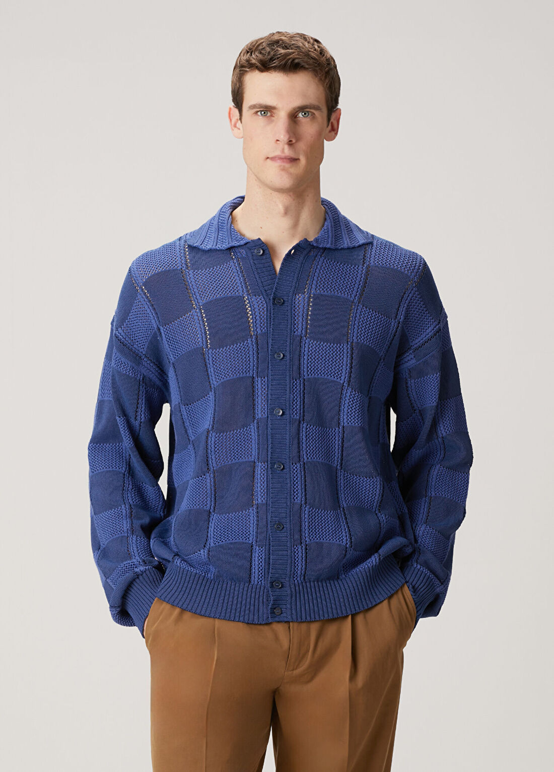 Laneus Mavi Patchwork Detaylı Triko Hırka