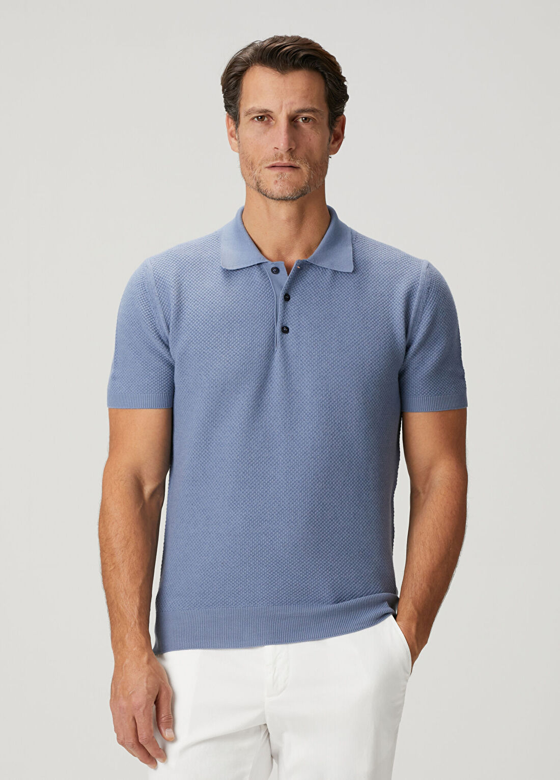 Canali Mavi Polo Yaka Dokulu Kısa Kollu Triko