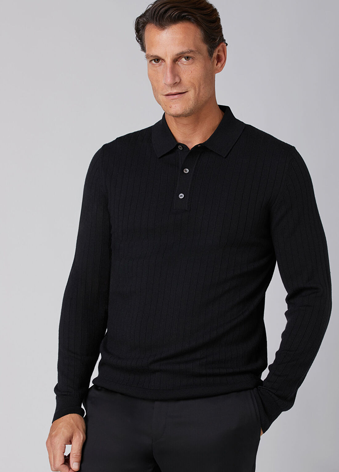 Beymen Collection Siyah Polo Yaka Ribli Yün Triko