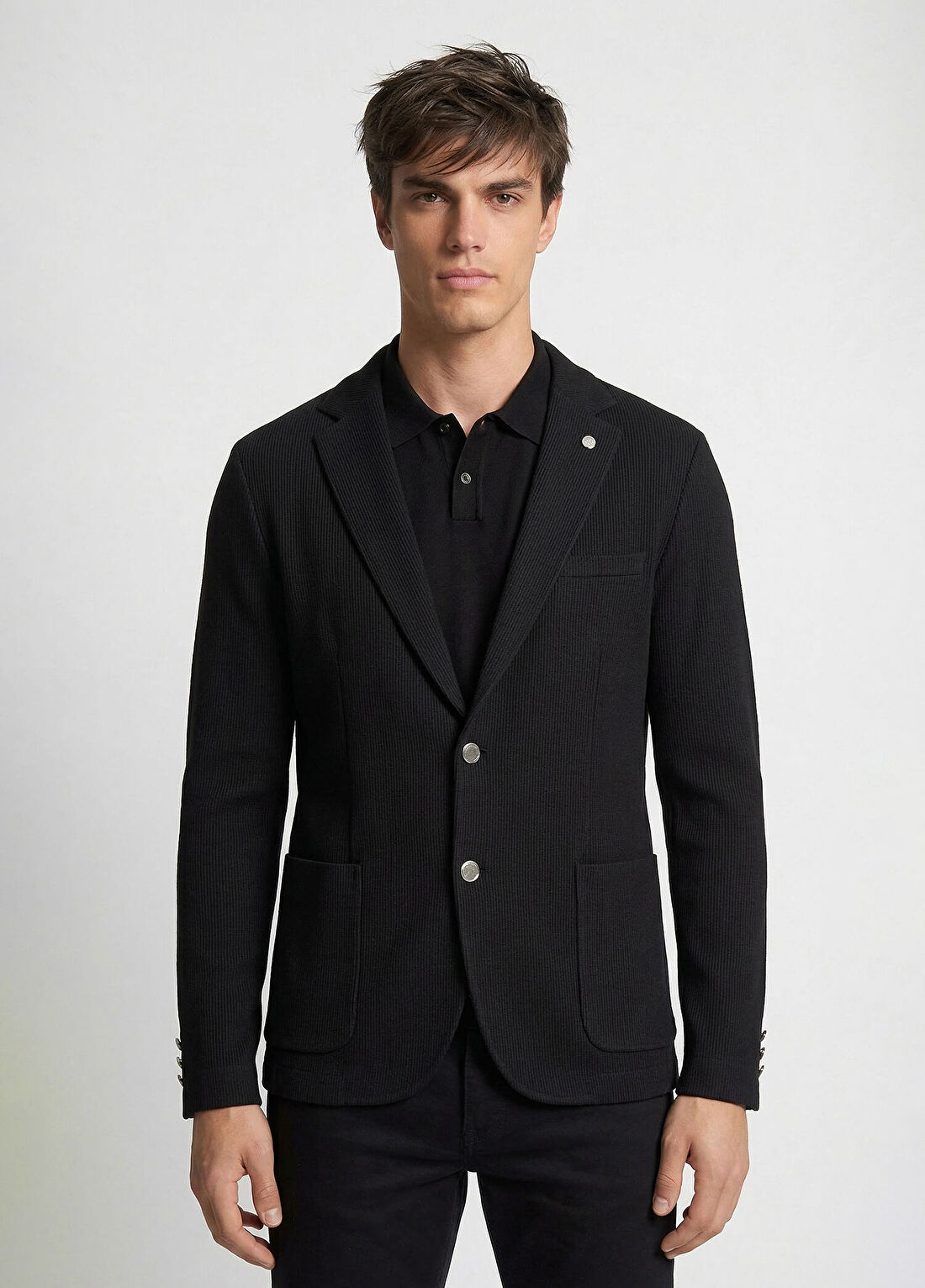 Network Siyah Slim Fit Gofre Desen Örme Ceket