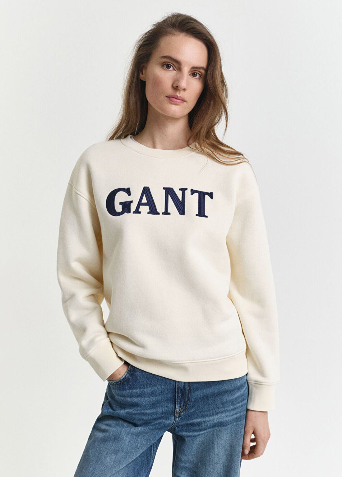Gant Krem Relaxed Fit Bisiklet Yaka Kadın Sweatshirt