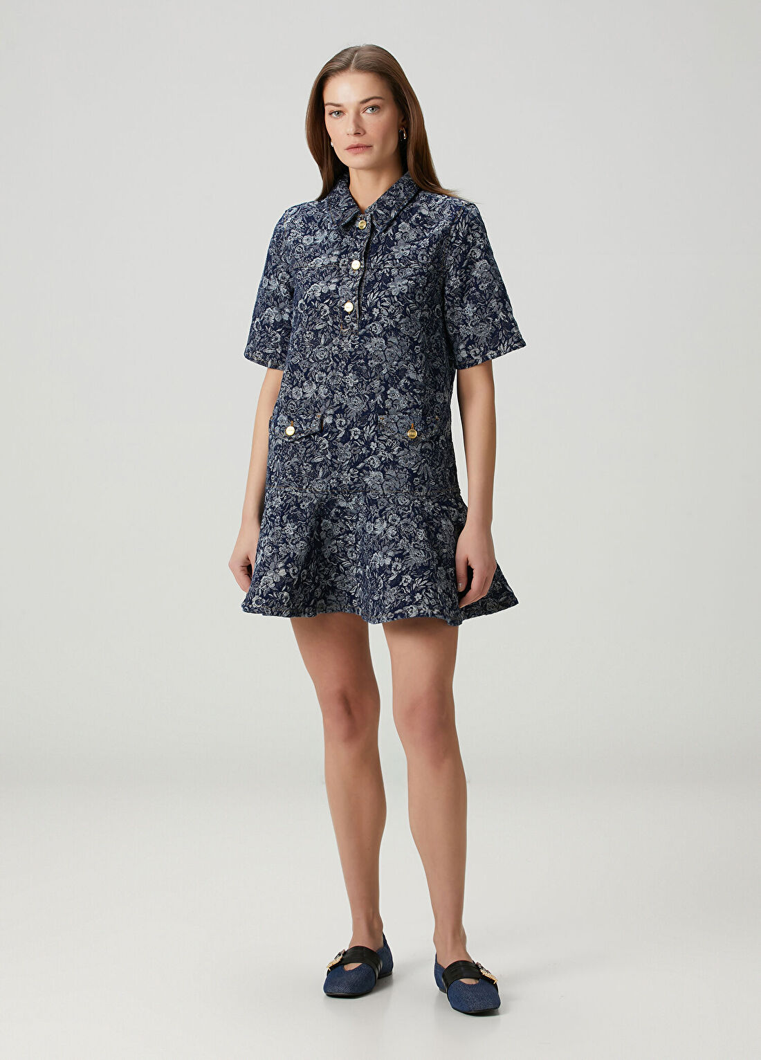 Ganni Lacivert Çiçekli Mini Denim Elbise
