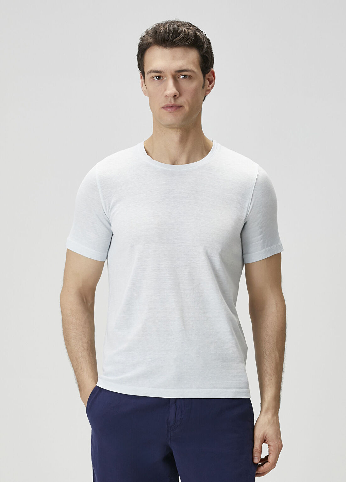 120% Lino Açık Mavi Keten T-shirt