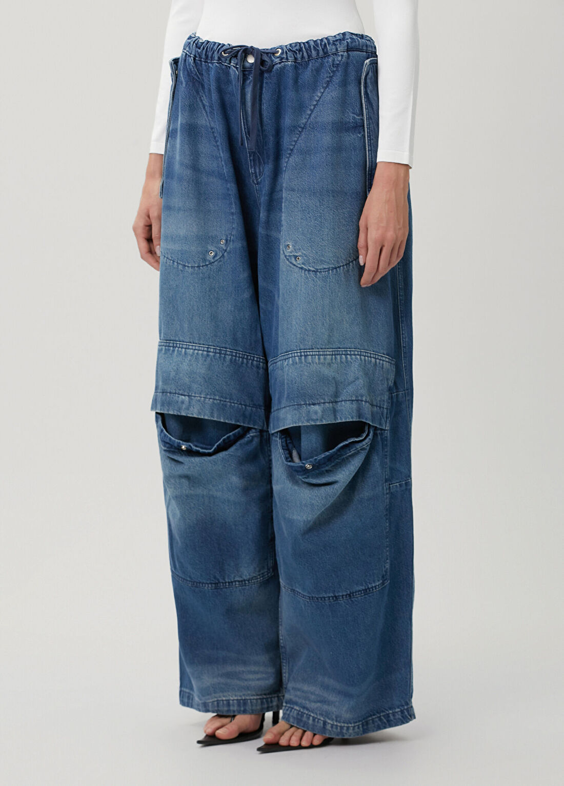 T by Alexander Wang Mavi Beli Kordonlu Kargo Jean Pantolon görsel 3