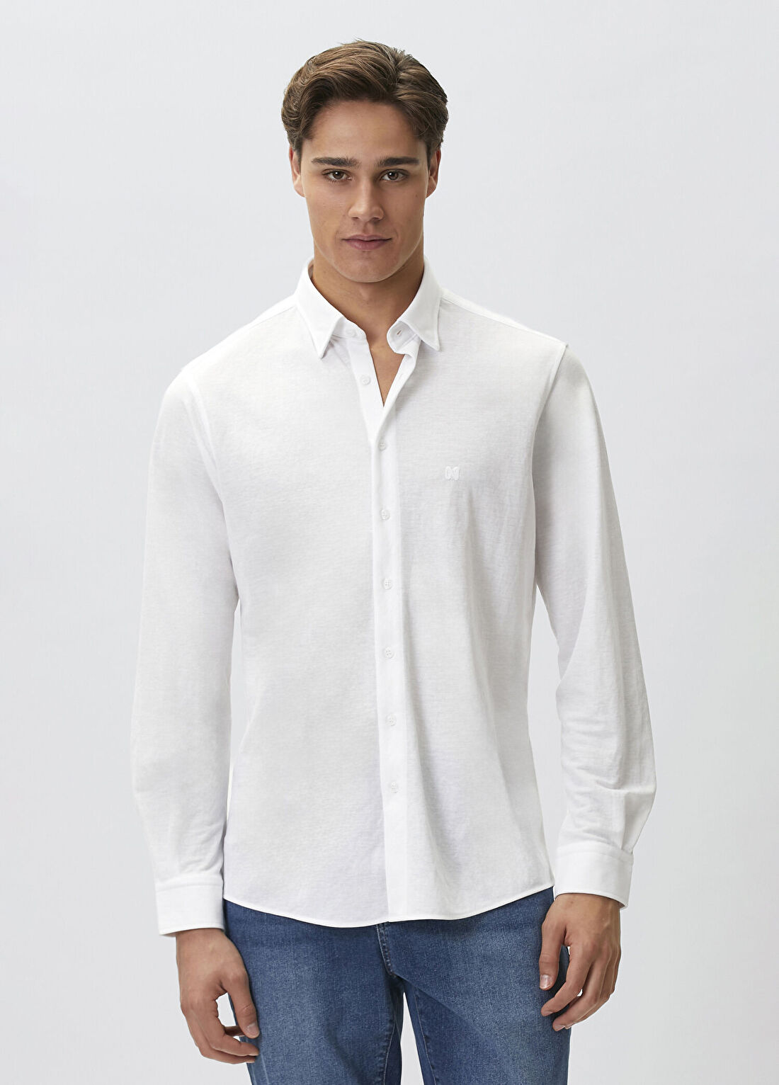 Network Slim Fit Beyaz Uzun Kol Örme Gömlek görsel 2