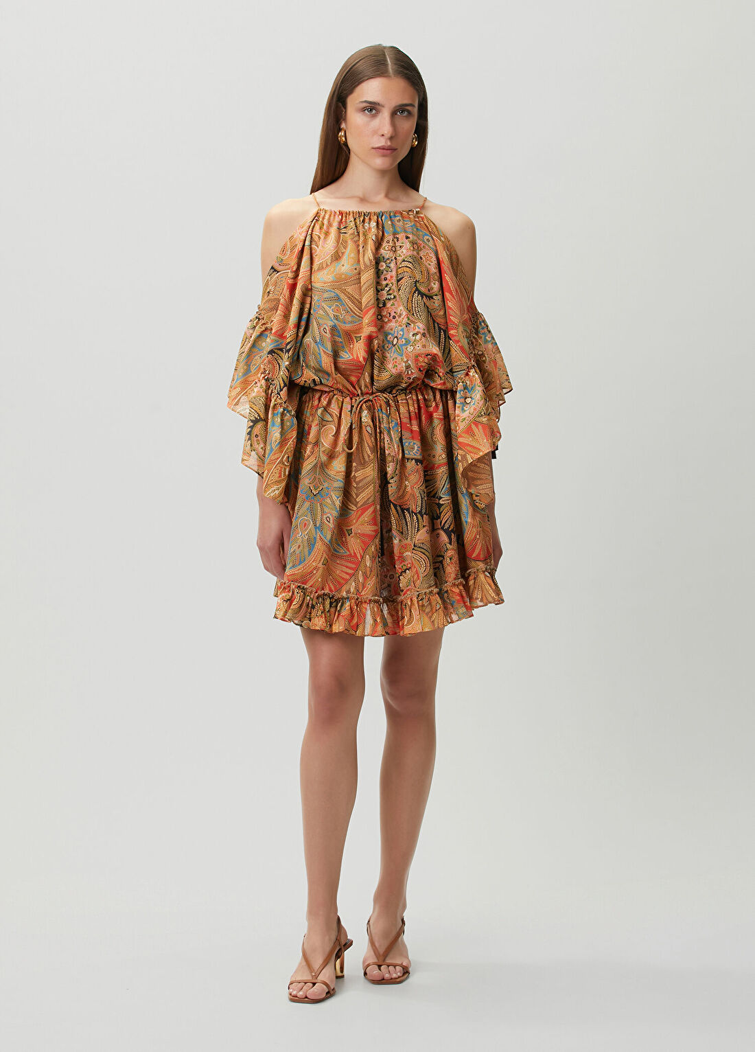 Etro Turuncu Şal Desenli Mini Elbise
