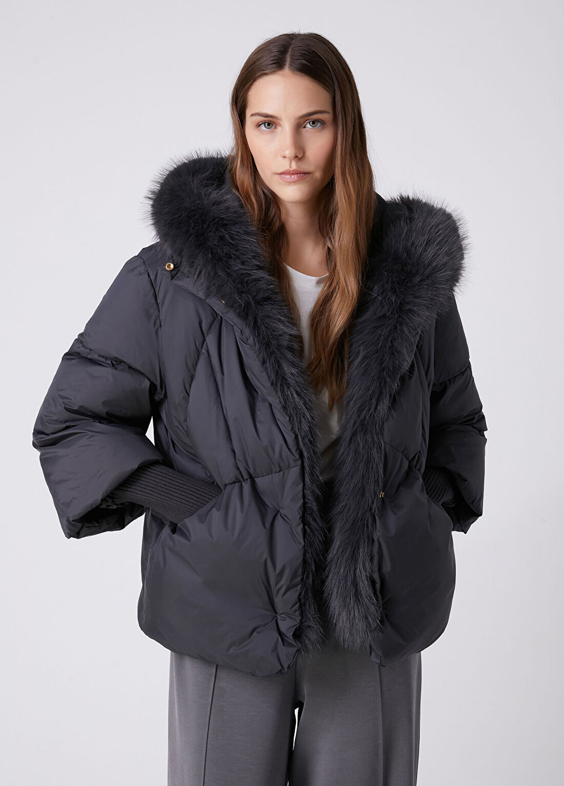 Beymen Club Koyu Gri Kapüşonlu Puffer Mont