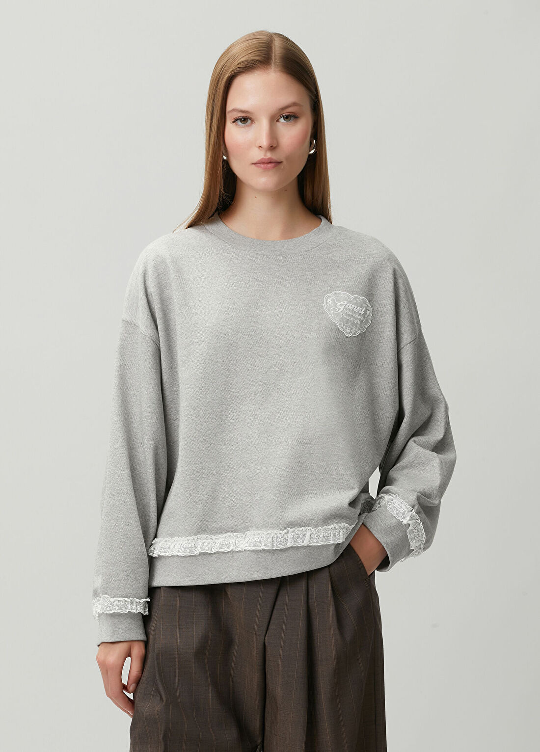 Ganni Gri Dantel Detaylı Sweatshirt