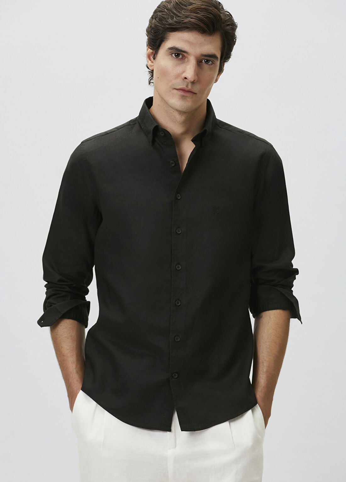 Network Slim Fit Siyah Keten Gömlek