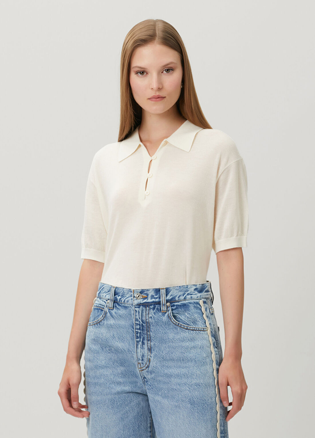 Frame Denim Krem Kaşmir Polo Triko