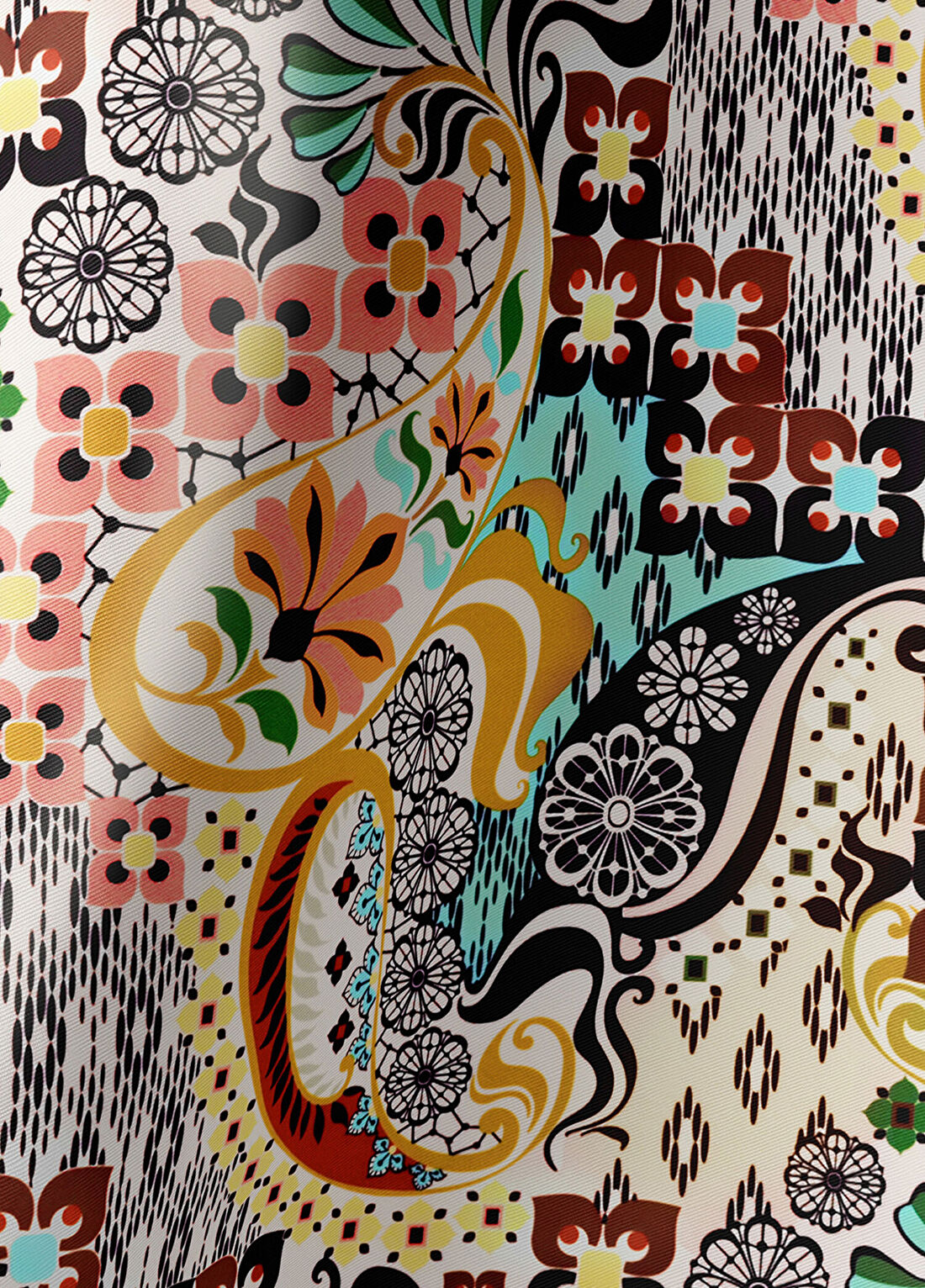 Braelyn London Bohemian Mosaic Turkuaz Sarı Twill İpek Kadın Eşarp görsel 3