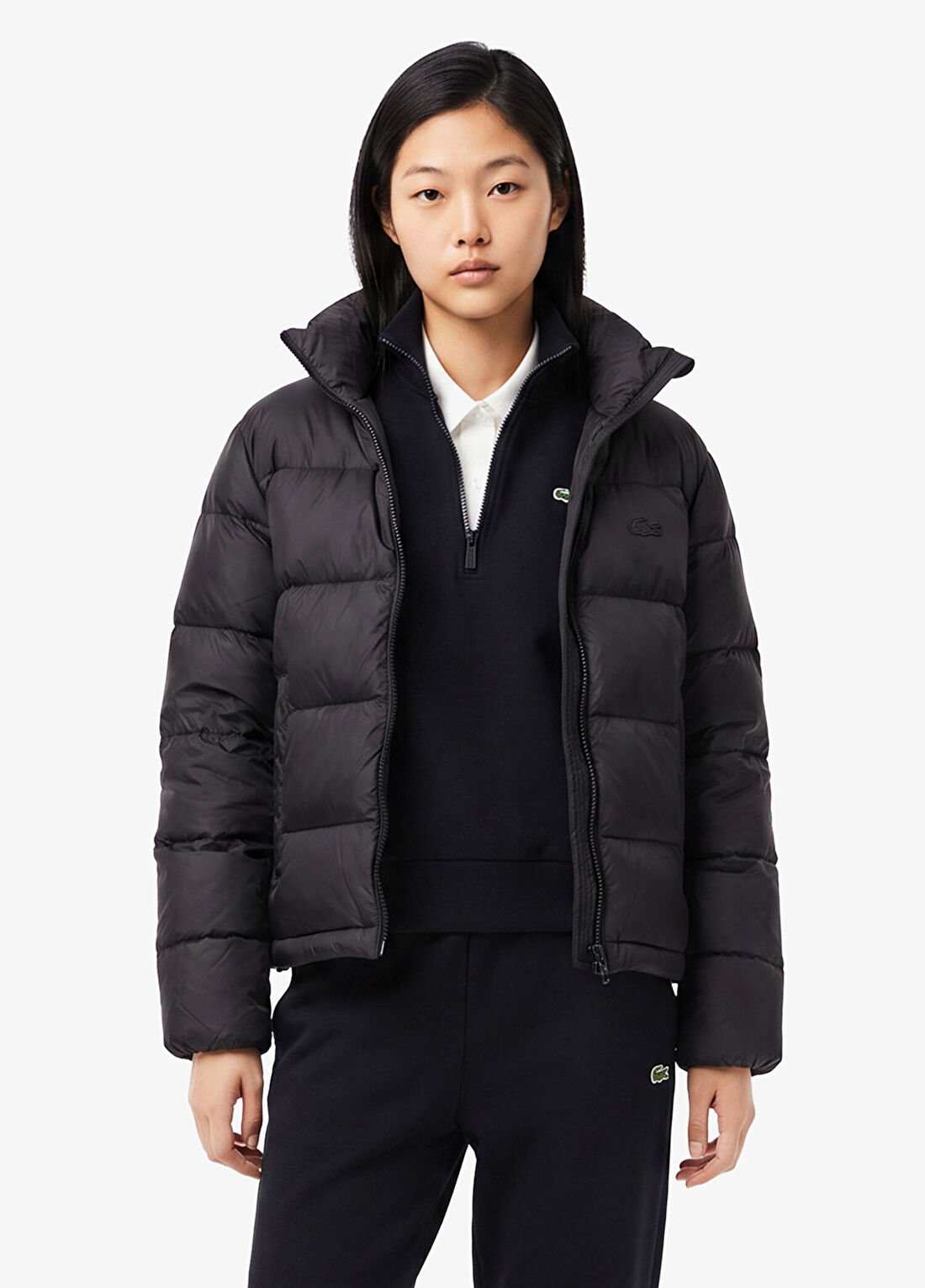 Lacoste Siyah Relaxed Fit Dik Yaka Kadın Mont