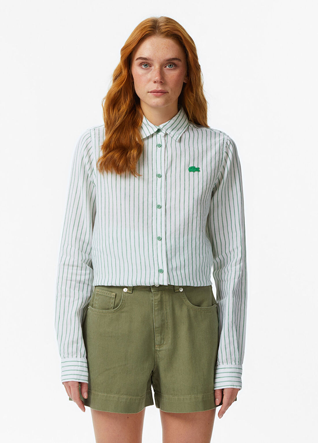 Lacoste Yeşil Çizgili Keten Relaxed Fit Uzun Kollu Kadın Gömlek