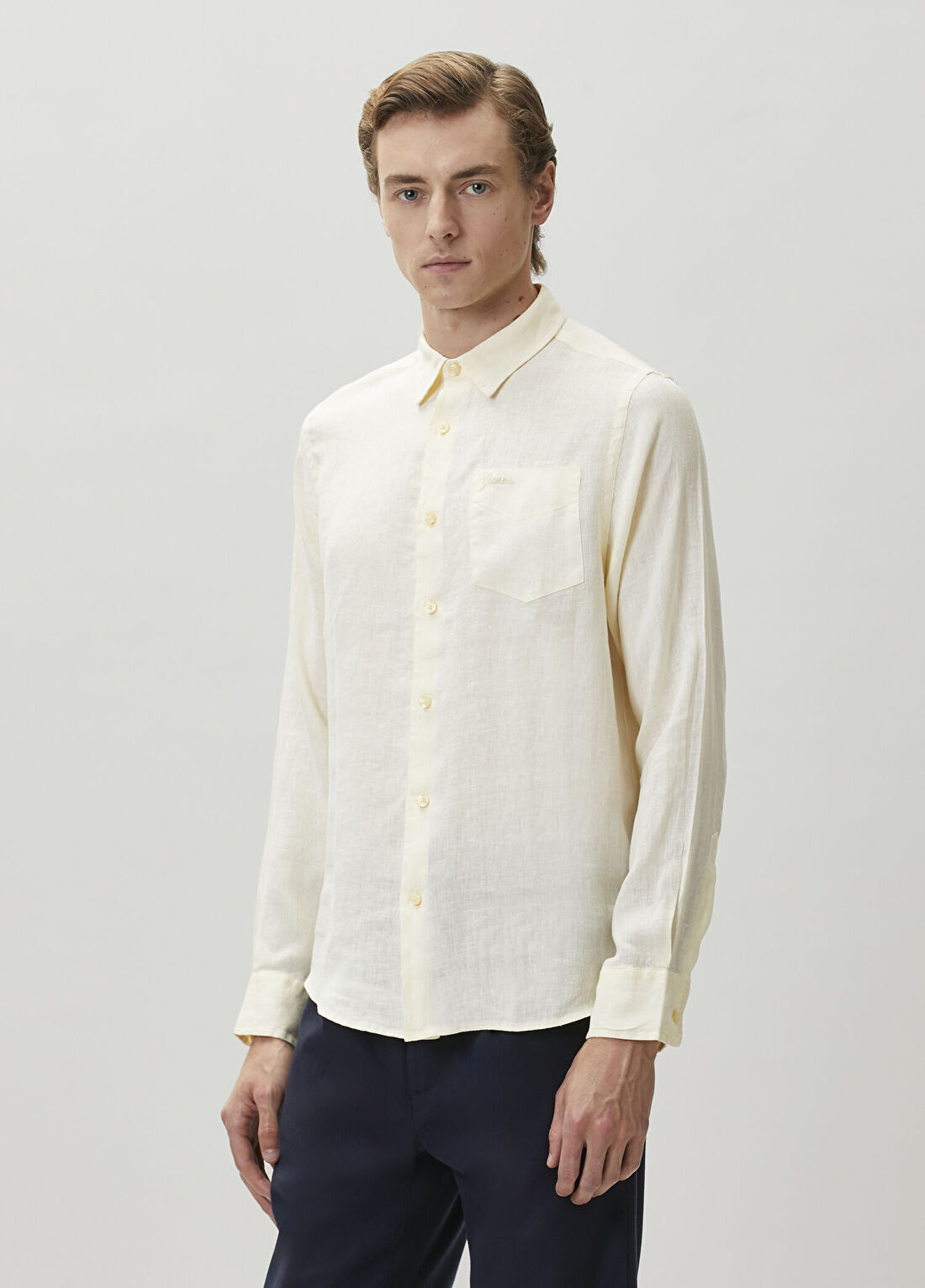 Guess Regular Fit Napa Sarı Keten Gömlek görsel 3
