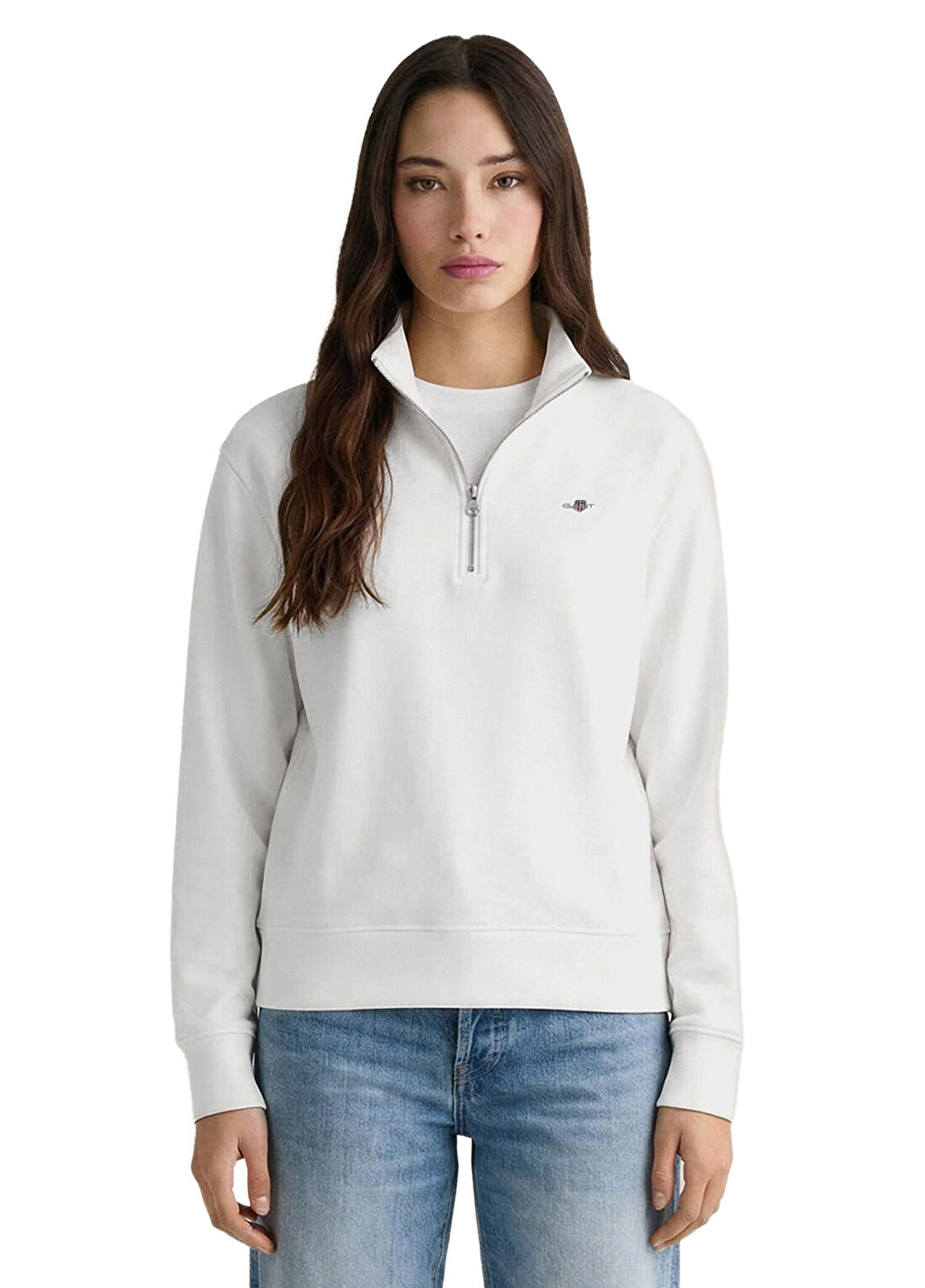 Gant Krem Rengi Yarım Fermuarlı Relaxed Fit Kadın Sweatshirt