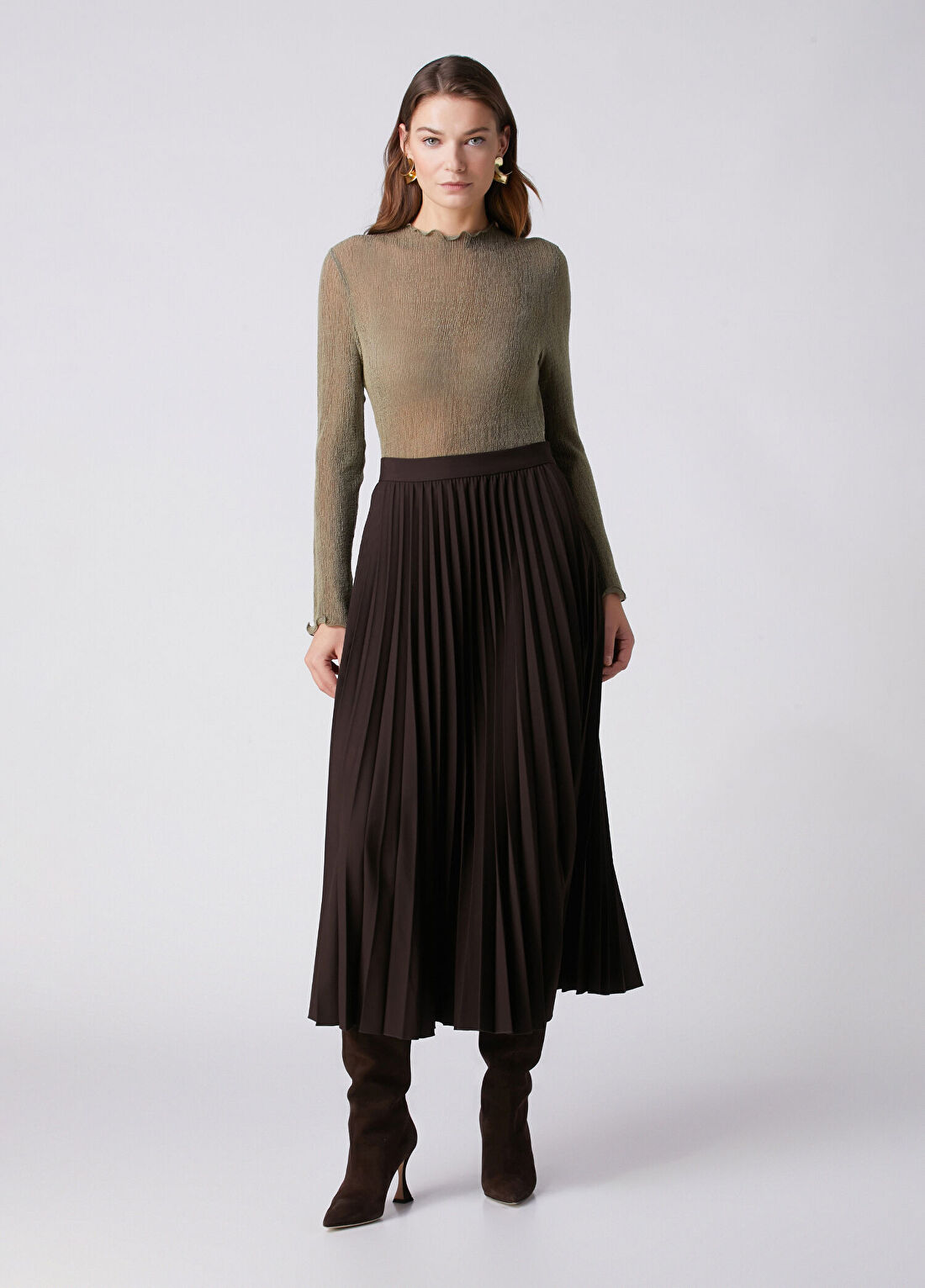 Beymen Collection Kahverengi Pileli Midi Etek